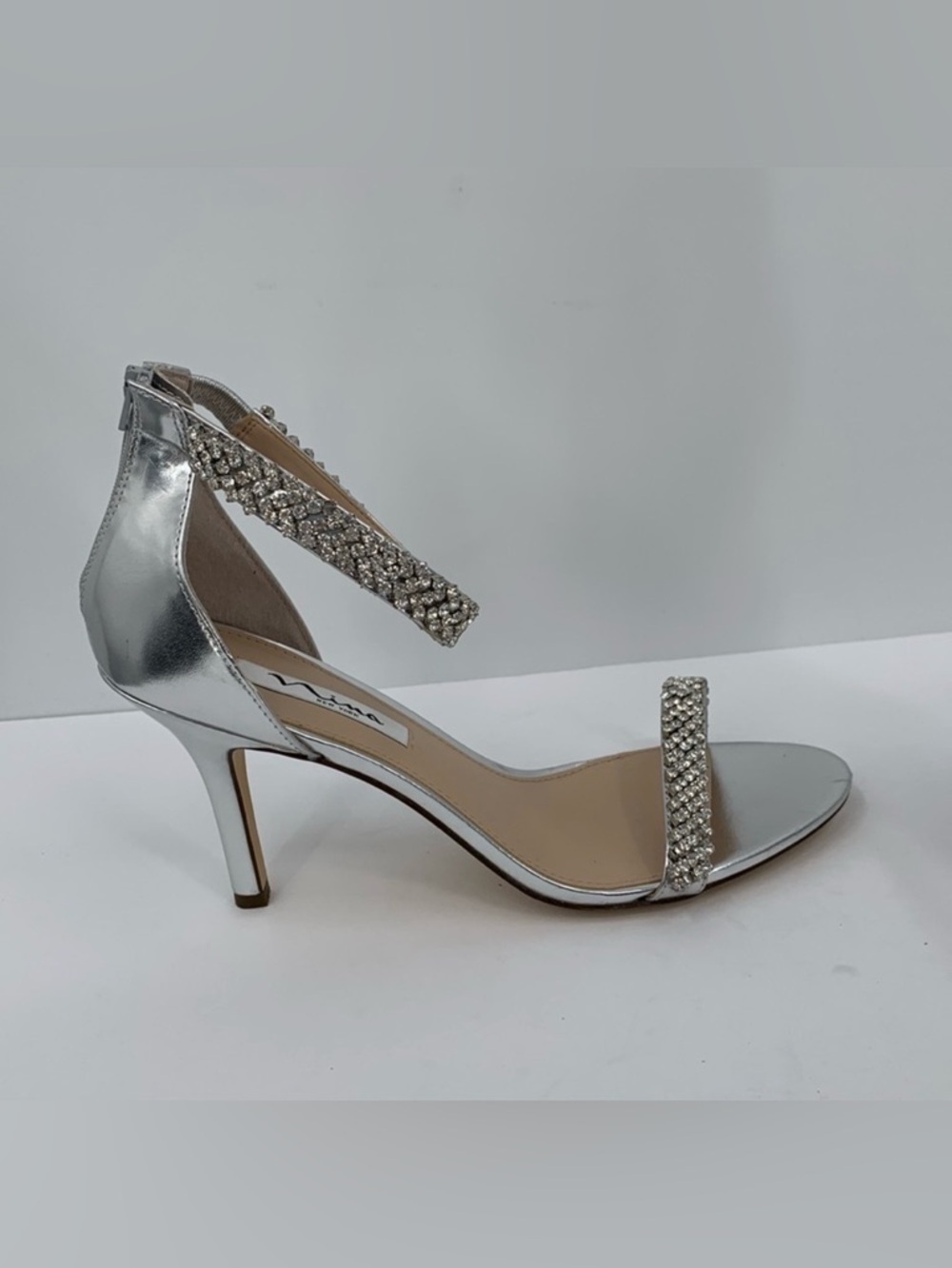 Nina Vauna ankle strap silver metallic rhinestone sandal shoe naked sexy 9.5